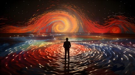 silhouette of individual in psychedelic water, creating dynamic reflections with energetic movements.