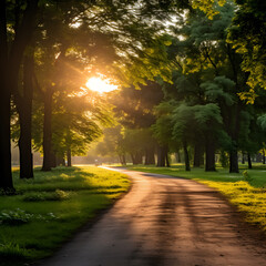 Obraz premium A peaceful country road stretches out ahead, surrounded by lush green trees and grass. The sun peeks through the branches, filling the air with warmth and tranquility.