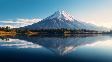 The majestic Mount Fuji stands tall in the sky, its reflection mirrored in the calm waters below. Trees line the shore, their branches reaching out to the sky, creating a tranquil scene of beauty.