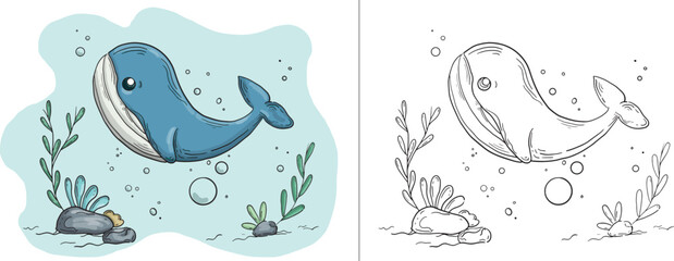 Fototapeta na wymiar children's coloring illustration with whale
