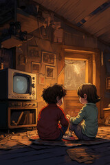 Boy and girl in a room sitting in front of a window and a tv on the side.