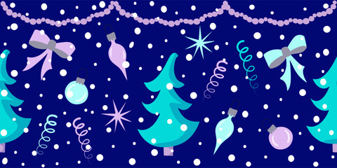 Winter seamless border with Christmas tree, ornaments, garlands and snow. Vector illustration on a blue background for wallpaper, textile, print.