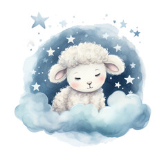 Cute watercolor baby good night sheep on moon Illustration AI Generative
