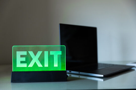 the word exit, the symbol way out of a difficult situation, the concept of finding an idea or coming up with a life hack