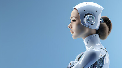 A humanoid robot on a blue background. Banner, place for text. AI generation.	
