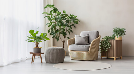 Cozy wicker chair with indoor plants on a light background. Minimalist room in Scandinavian style. AI generation