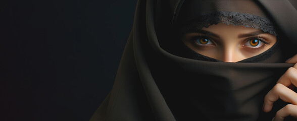 Naklejka premium Arab girl in a black hijab close-up. Banner, copy space. AI generation