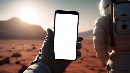 Astronaut holding mobile phone mockup