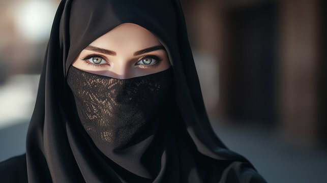 Arab girl in a black hijab close-up. AI generation