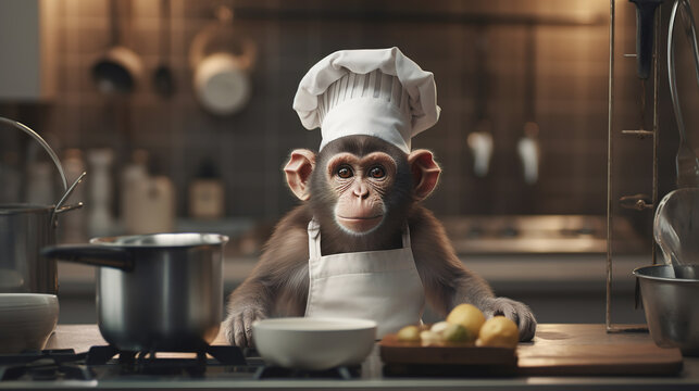 A chef monkey in a chef's hat is preparing food in the kitchen. AI generation