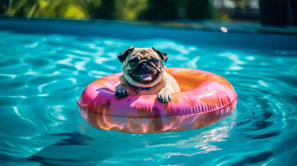 a dog with sunglasses on inflatable tire for swimming