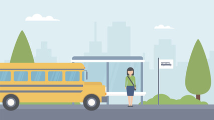 Bus stop vector. City public transport stop. A girl waiting for a school bus. 