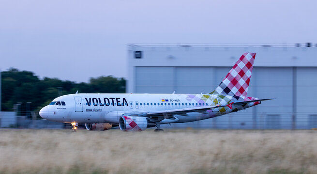 Hannover, Germany – 30. June 2023:  Volotea Airbus A319 take off at Hannover airport (HAJ) in Germany. Panning shot 