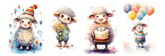 Fototapeta premium A set of illustrations of a sheep in a watercolor style for the design of invitation cards for children's birthday on the theme of Aries or Ram: with cake, with flowers, balloons happy, AI generated