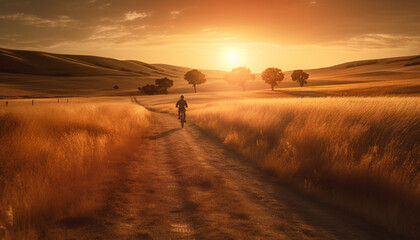 Silhouette of one person cycling through meadow generated by AI