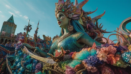 Naklejka premium Colorful parade celebrates ancient Thai culture and spirituality generated by AI