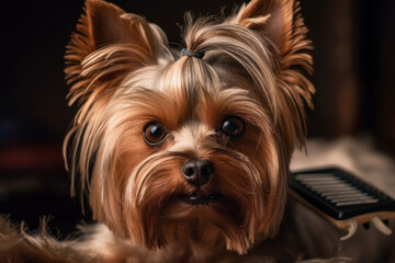 Naklejka premium Close-up portrait of a cute yorkshire terrier during grooming, AI Generated