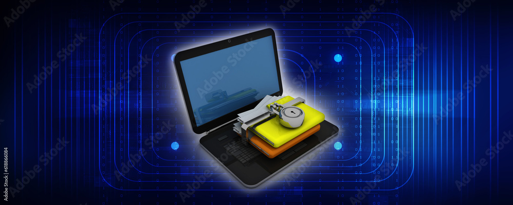 Poster 3d rendering folder on laptop with lock