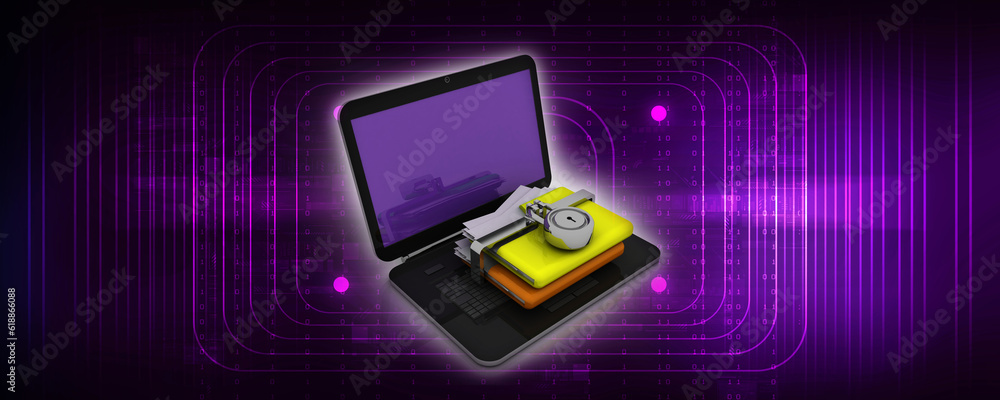 Poster 3d rendering folder on laptop with lock