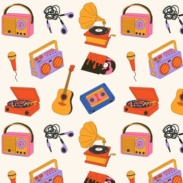 Naklejka Seamless pattern with  Retro musical things, isolated icon. Vector illustration design