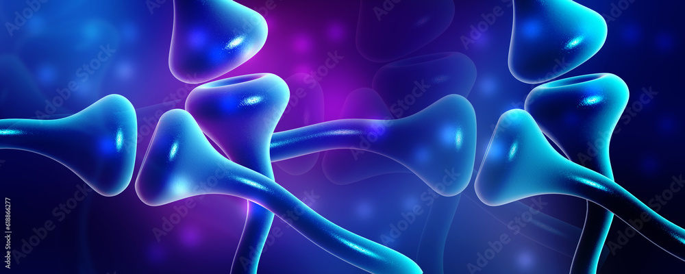 Poster 3d rendering synapse and neuron cells sending electrical chemical signals