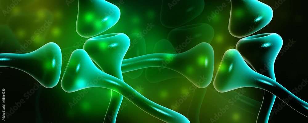 Poster 3d rendering synapse and neuron cells sending electrical chemical signals