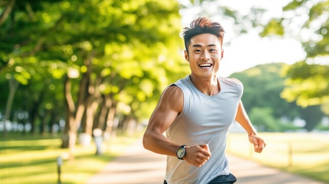 Asian handsome man running in the park at morning.