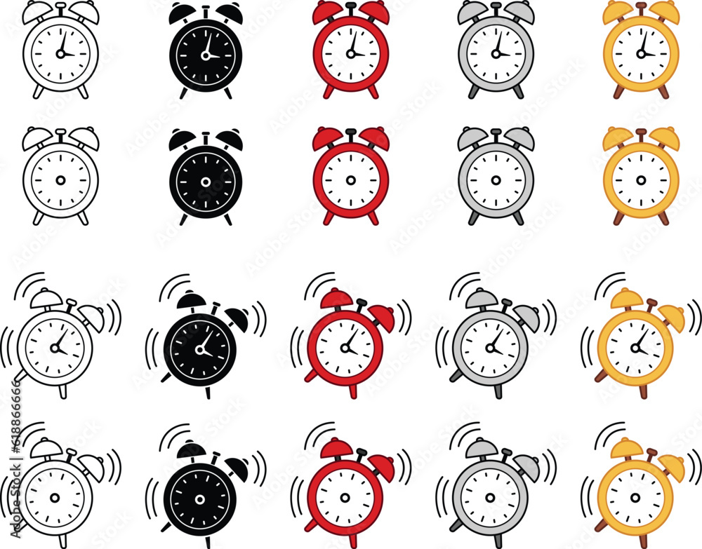 Sticker Retro Alarm Clock Ringing Clipart Set - Outline, Silhouette & Color