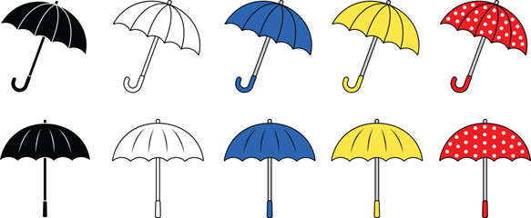 Fototapeta na wymiar Umbrella Clipart - Outline, Silhouette & Color