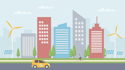 Obraz premium Modern eco-city vector. The use of clean energy sources. Caring for the environment concept.