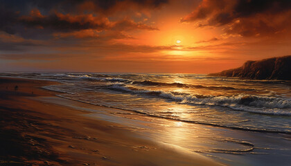 Sunset over tranquil seascape, a tropical paradise generated by AI