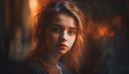 Young woman with brown hair smiling outdoors generated by AI