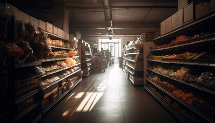 Obraz na płótnie Canvas Abundance of fresh groceries in modern supermarket generated by AI