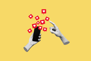 Female hand pointing to like symbols of social networks from mobile phone with black screen on yellow color background. 3d trendy collage in magazine urban style. Contemporary art. Modern design