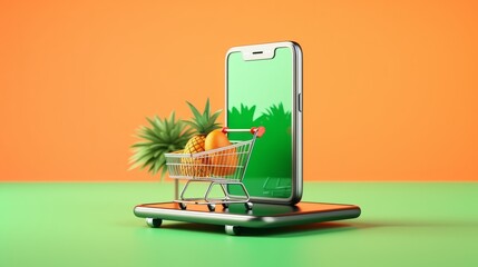 Eco-Friendly Ecommerce, 3D Rendered Concept of Online Shopping on a Smartphone, Emphasized by a Refreshing Green Background, generative ai.