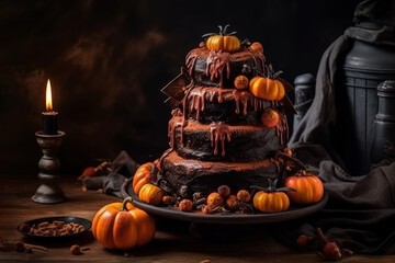 Spooky Halloween cake decorated with pumpkins on dark background, AI Generated