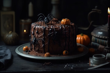 Fototapeta na wymiar Spooky Halloween cake decorated with spiders and pumpkins on dark background, AI Generated