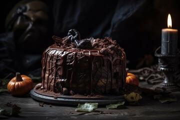 Fototapeta na wymiar Spooky Halloween cake decorated with spiders and pumpkins on dark background, AI Generated