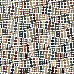 Composition of horizontal wavy dotted lines. Small multicolor circles in green, brown, and gray on a white background. Retro style geometric texture. Dots art. Seamless repeating pattern. Vector image