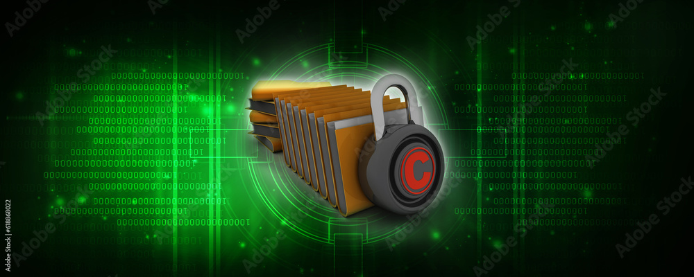 Poster 3d rendering yellow folder and lock. data security concept