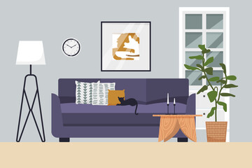 Living room interior. Comfortable sofa, coffee table, cat and house plants. Vector flat illustration