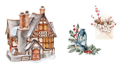 Watercolor wnter house with a snow covered roof. lamp, envelop and cotton branches. Hand drawn illustration of a winter cottage for invitations, greeting cards, prints, packaging.
