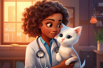 Disney-style illustration of a veterinarian black girl with a cute cat, scenario of a veterinary clinic, ai generated.