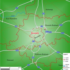 Map of the capital city Brussels with main streets, rivers, lakes, urban areas and names of counties near