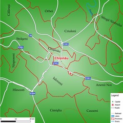 Map of the capital city Chișinău with main streets, rivers, lakes, urban areas and names of counties near