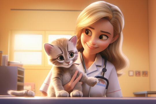 Disney-style illustration of a veterinarian blonde girl with a cute cat, scenario of a veterinary clinic, ai generated.