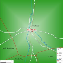 Map of the capital city Khartoum with main streets, rivers, lakes, urban areas and names of counties near