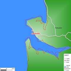 Map of the capital city Libreville with main streets, rivers, lakes, urban areas and names of counties near