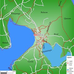Map of the capital city Manila with main streets, rivers, lakes, urban areas and names of counties near