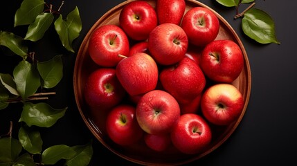 Fresh red apples on a plate on table. For banner,poster, site, web. Photo Ai generated.